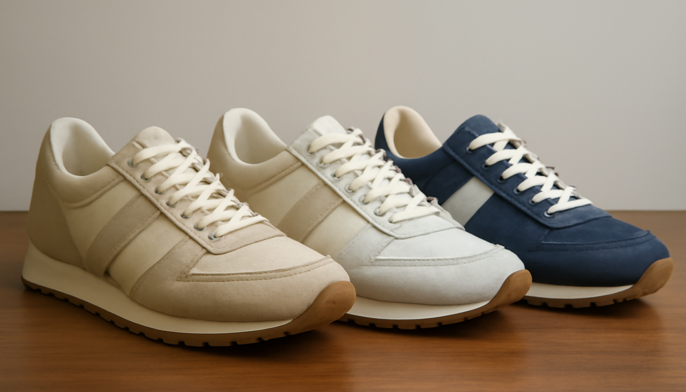 trois paires de sneakers rétro alignées sur table