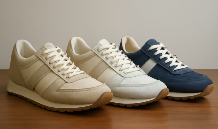 trois paires de sneakers rétro alignées sur table