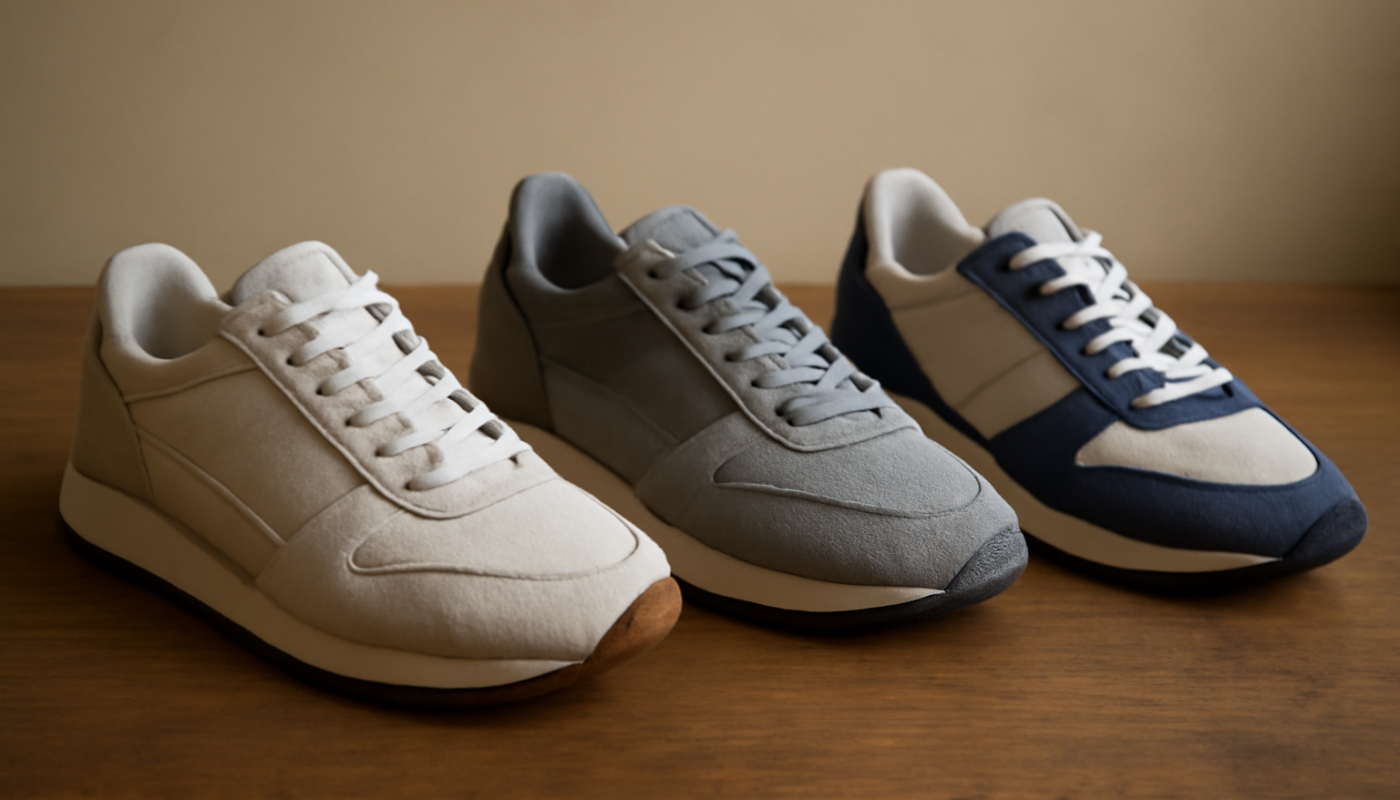 trois paires de sneakers rétro alignées sur une table