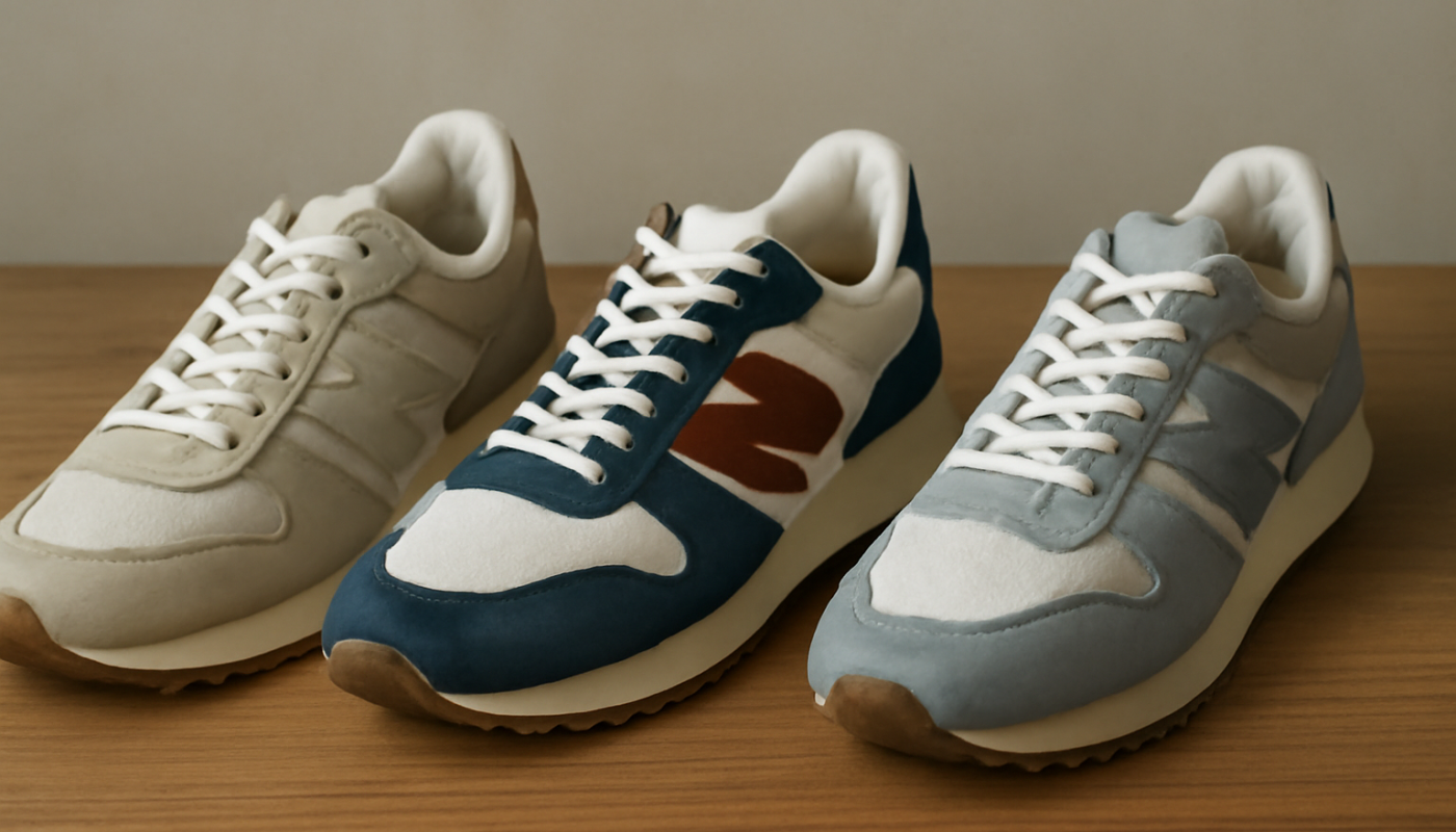 trois paires de sneakers rétro alignées sur table