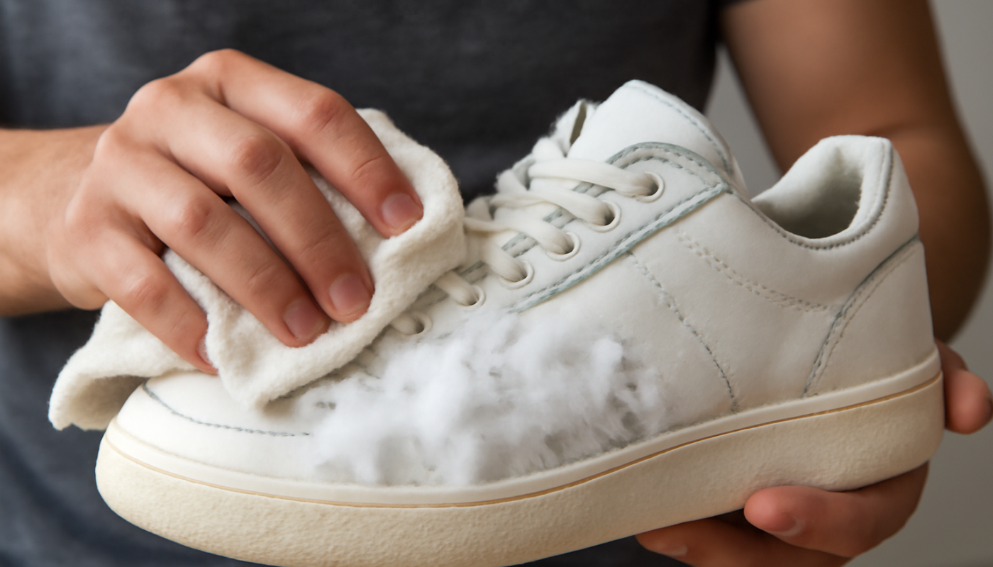 nettoyage de sneakers en cuir avec chiffon et mousse
