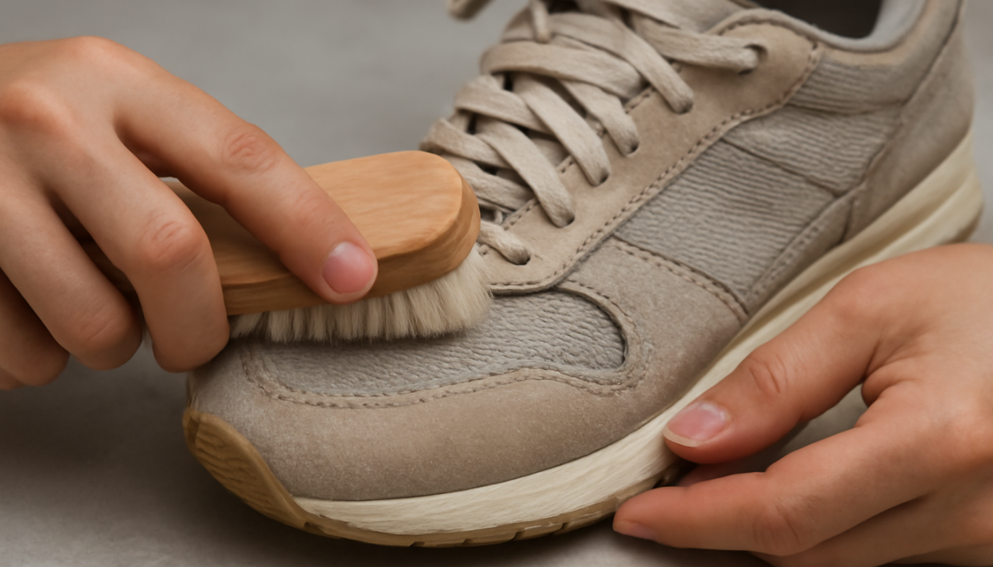 nettoyage de sneakers avec daim et mesh à la brosse