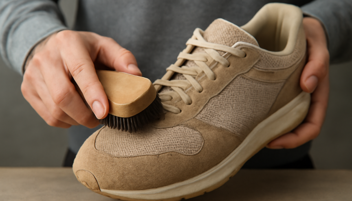 nettoyage de sneakers en daim et mesh avec brosse