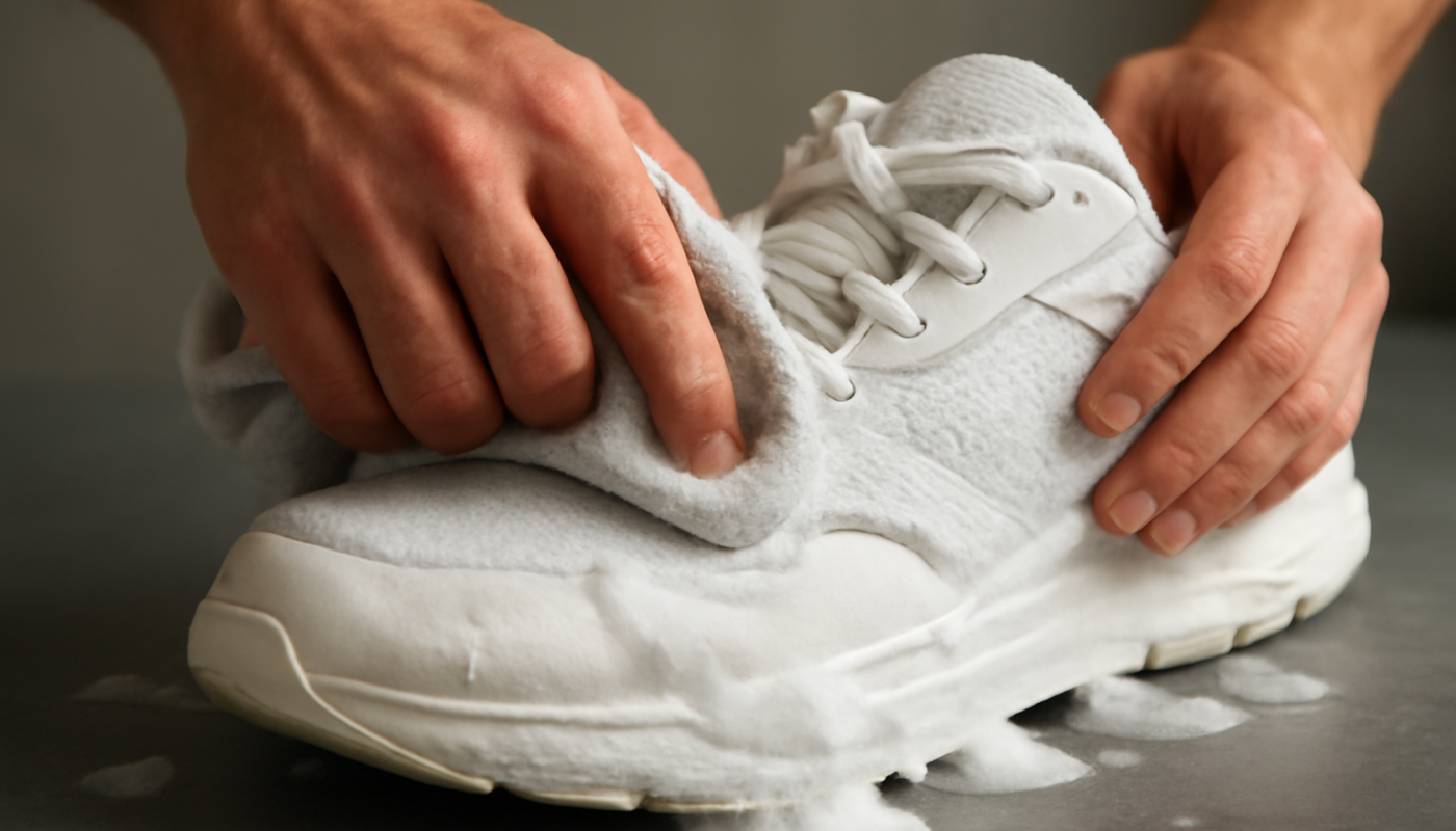 nettoyage de sneakers modernes avec chiffon et mousse