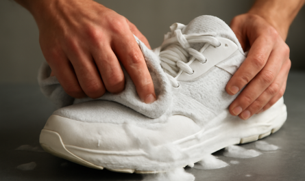 nettoyage de sneakers modernes avec chiffon et mousse