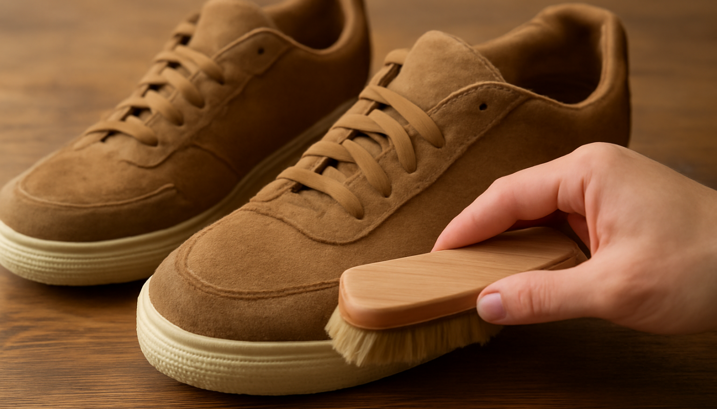 nettoyage de sneakers en daim avec brosse douce sur table