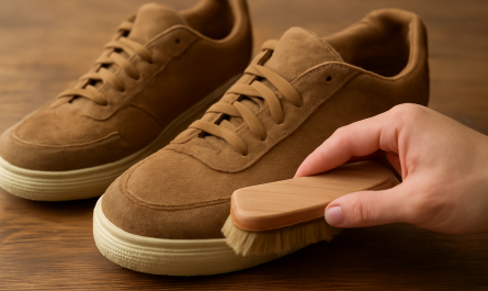 nettoyage de sneakers en daim avec brosse douce sur table