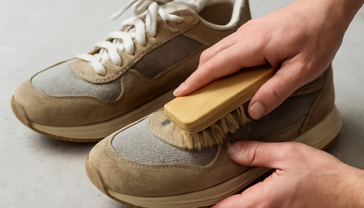 nettoyage de sneakers en daim et tissu avec brosse