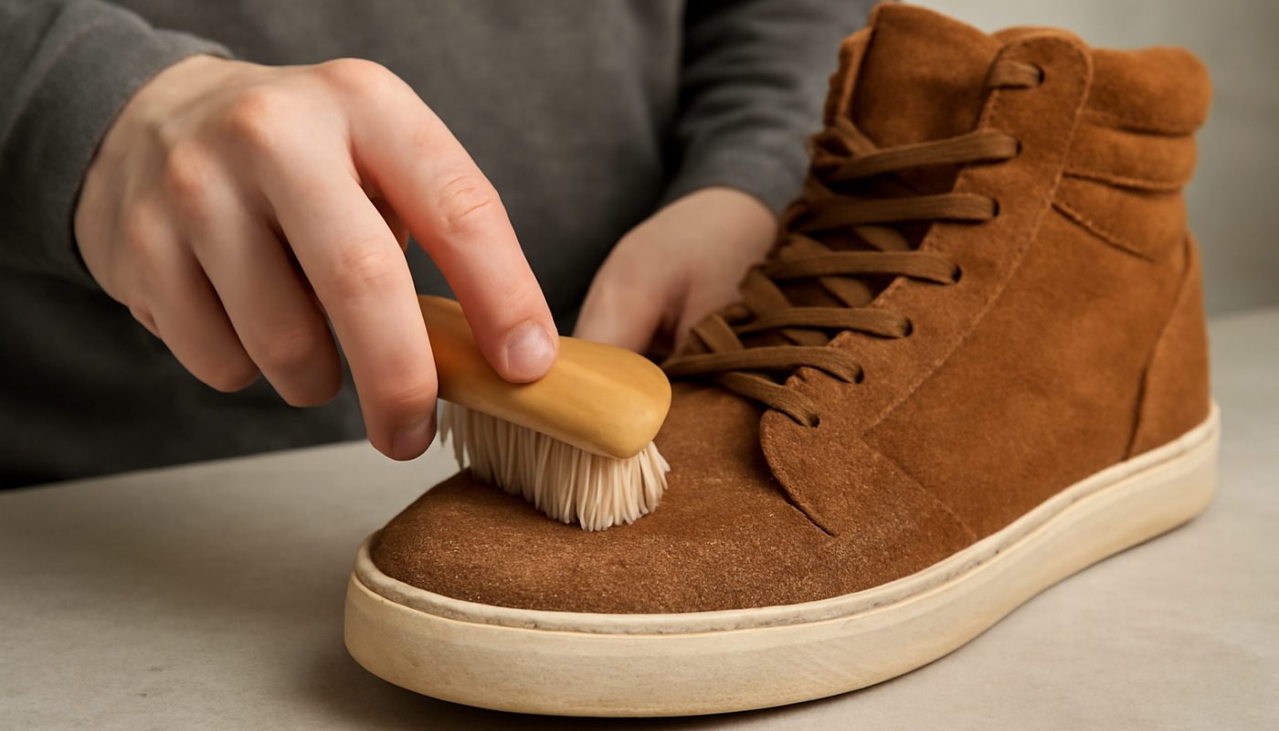 nettoyage de sneakers montantes en daim avec brosse