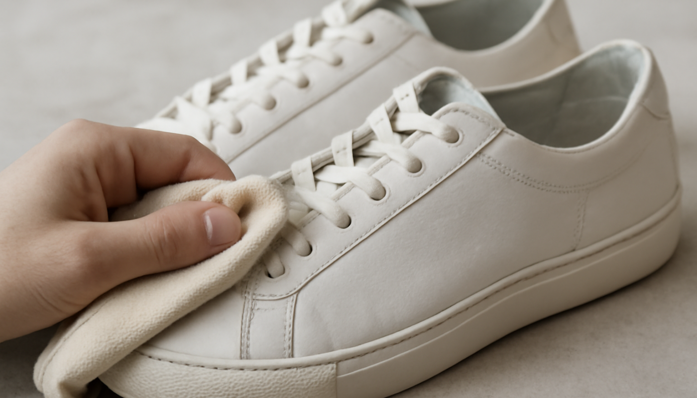 nettoyage de sneakers basses en cuir avec chiffon
