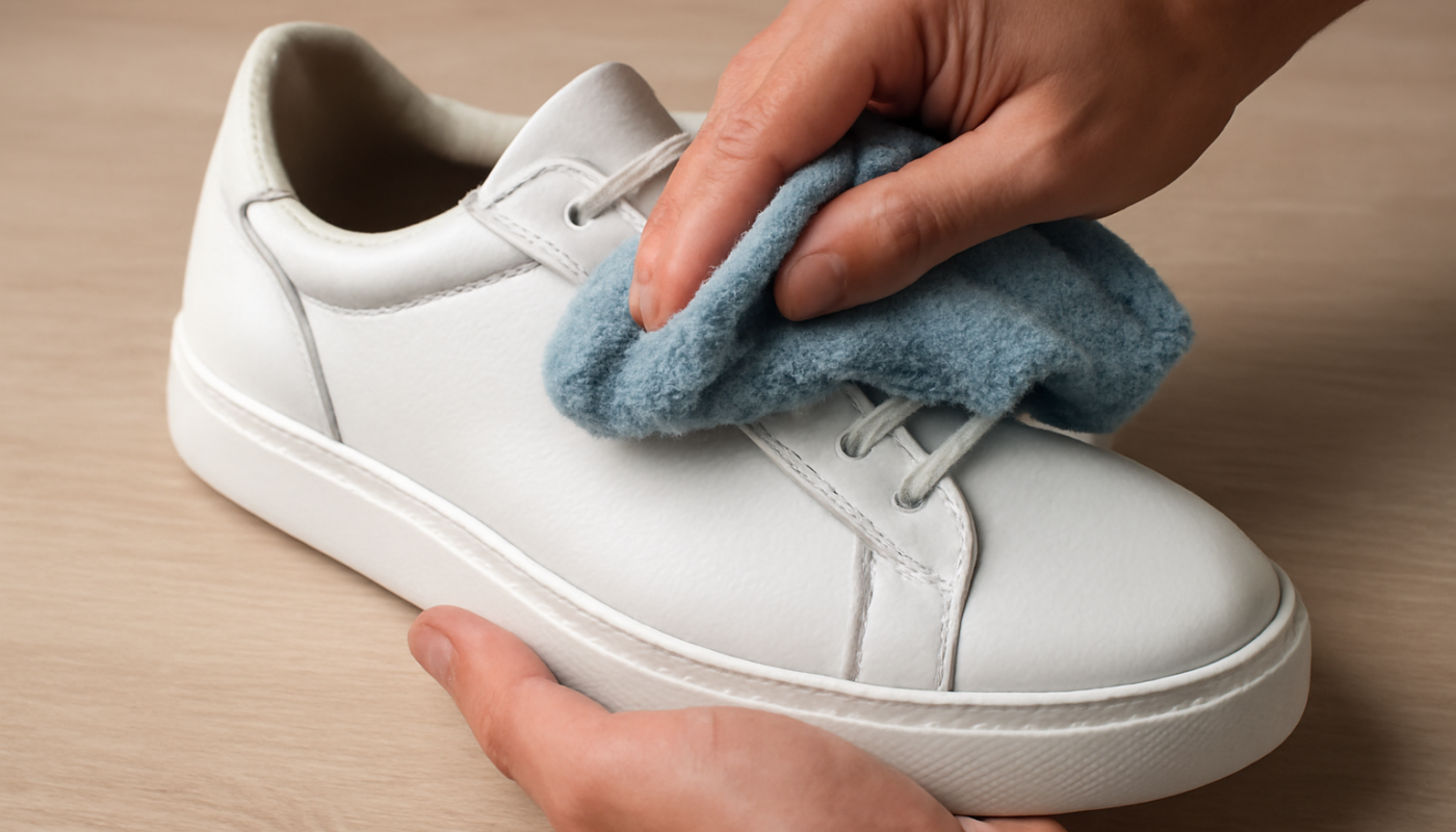 nettoyage de sneakers en cuir avec chiffon microfibre