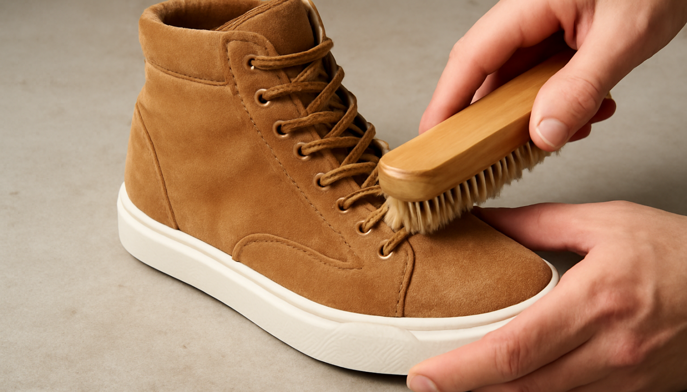 nettoyage de sneakers montantes en daim avec brosse douce