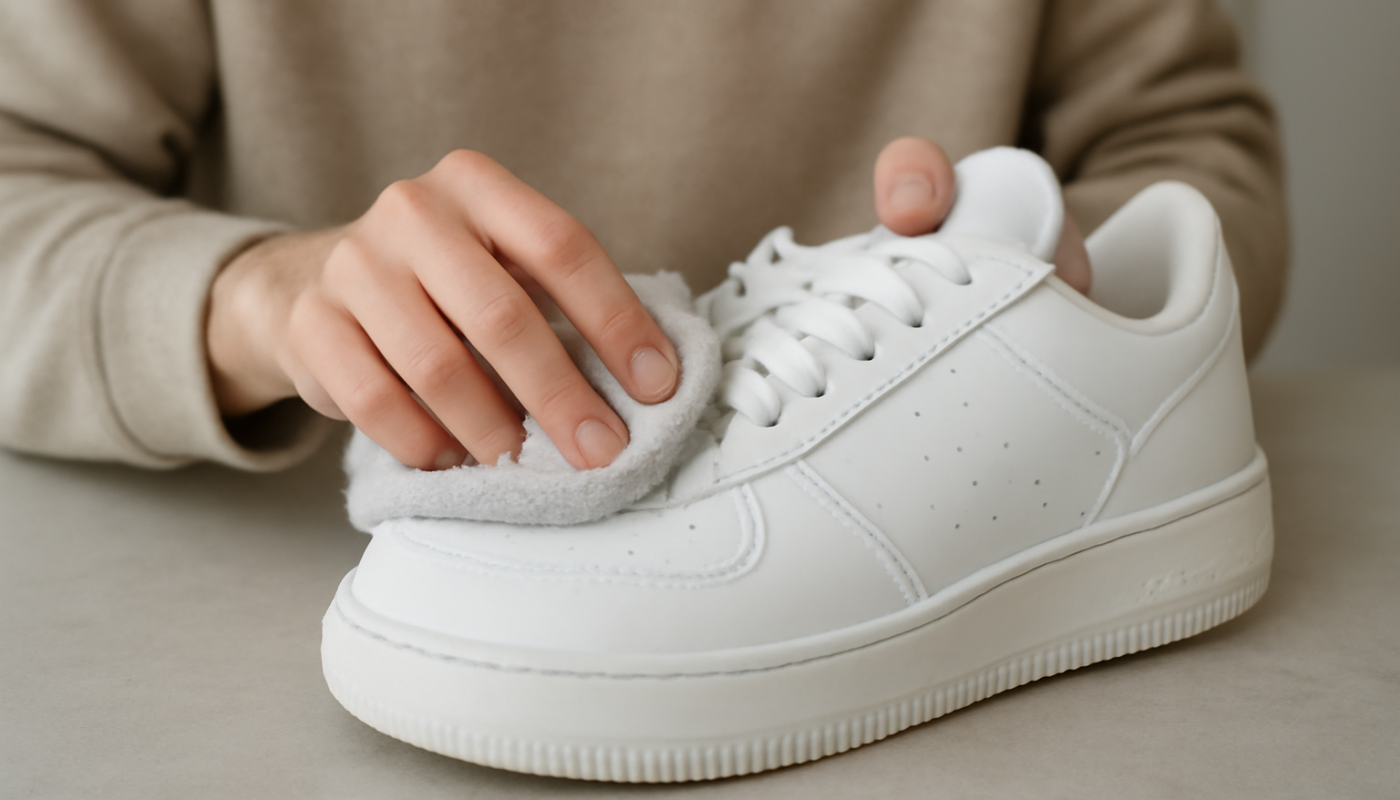 nettoyage de sneakers blanches avec chiffon microfibre