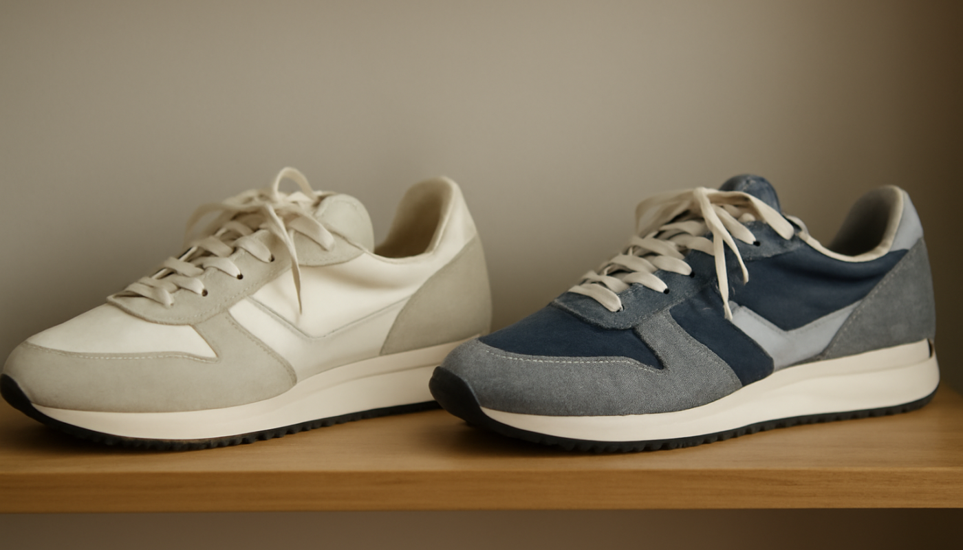 deux paires de sneakers rétro comparées sur étagère