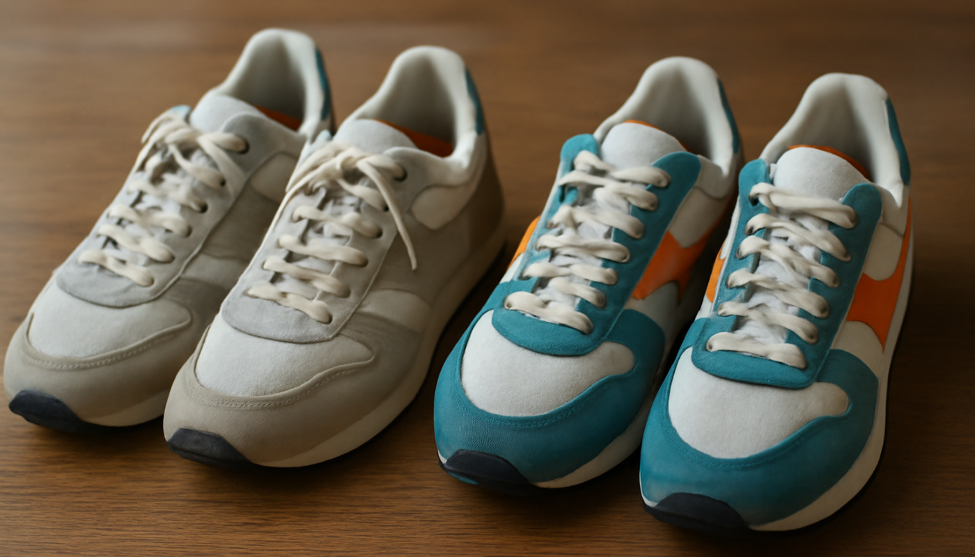 deux paires de sneakers rétro comparées sur une table