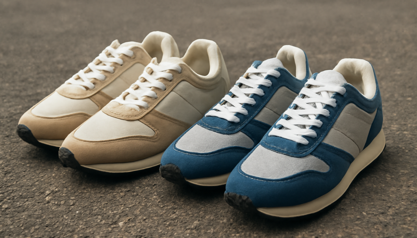 deux paires de sneakers rétro posées côte à côte sur sol urbain