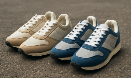 deux paires de sneakers rétro posées côte à côte sur sol urbain