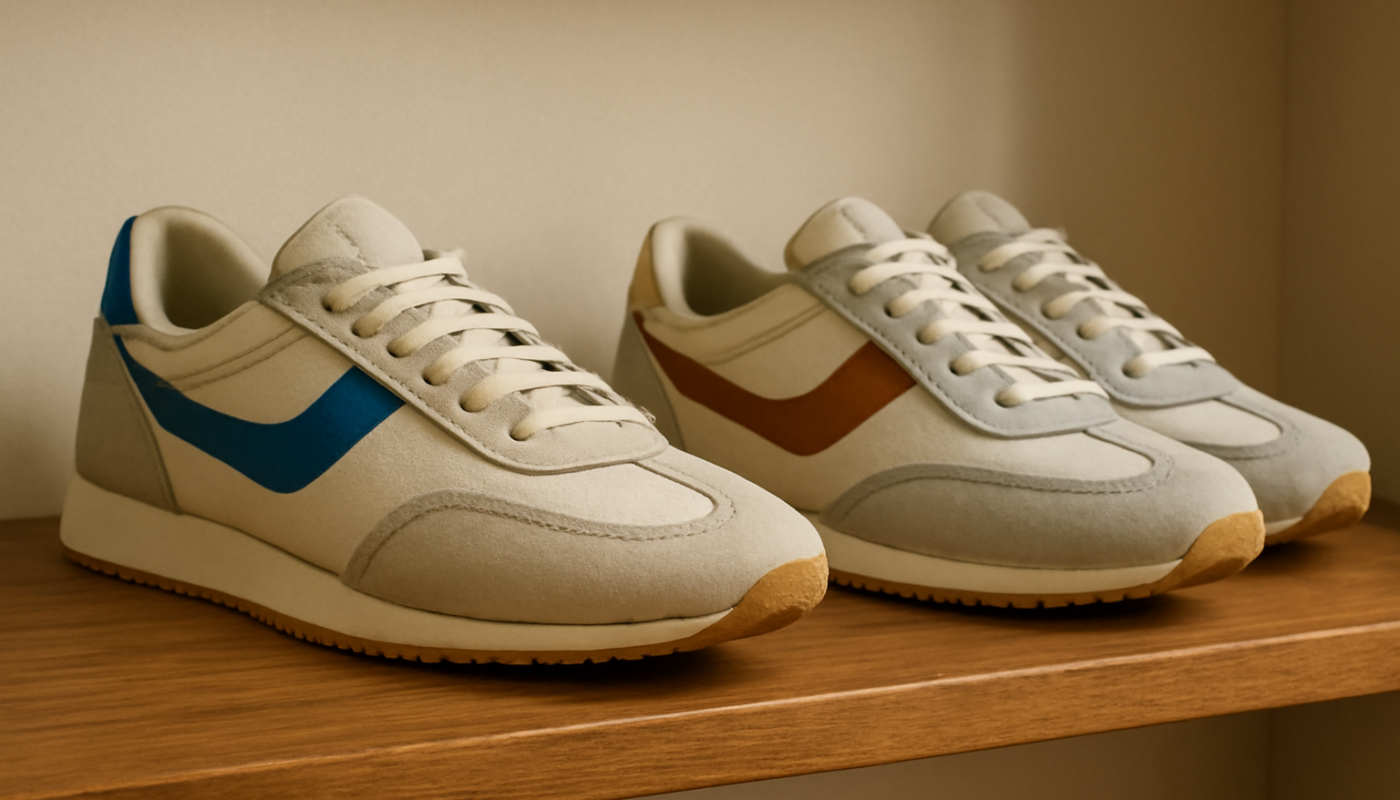 deux paires de sneakers rétro sur une étagère