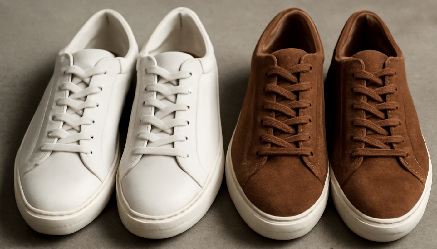 deux paires de sneakers comparées cuir et daim