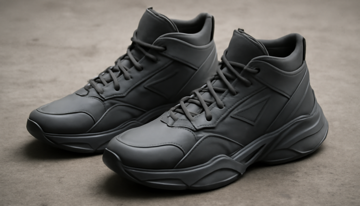 sneakers design futuriste posées sur sol béton