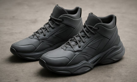sneakers design futuriste posées sur sol béton