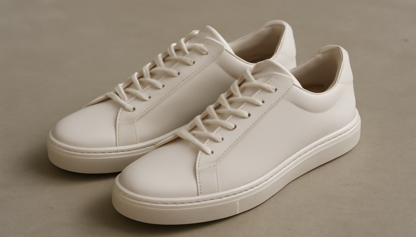 sneakers minimalistes premium posées sur sol neutre