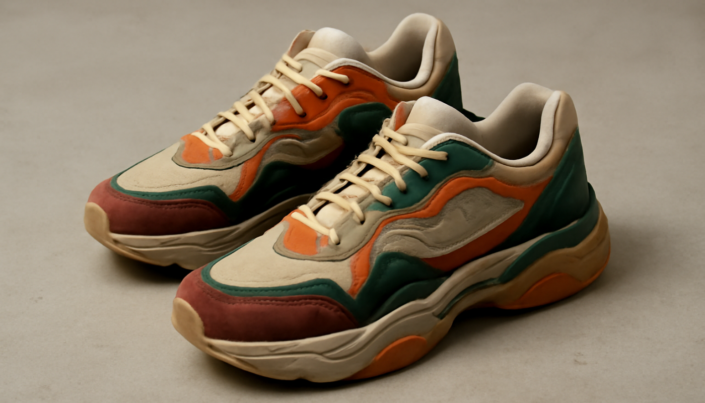 sneakers design créatif posées sur sol neutre