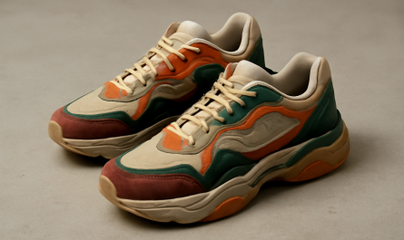 sneakers design créatif posées sur sol neutre