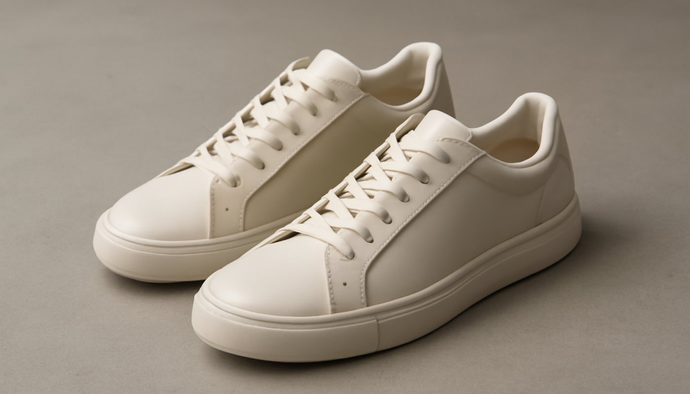 sneakers minimalistes design posées sur sol neutre