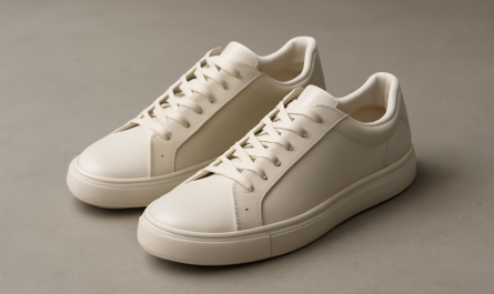 sneakers minimalistes design posées sur sol neutre