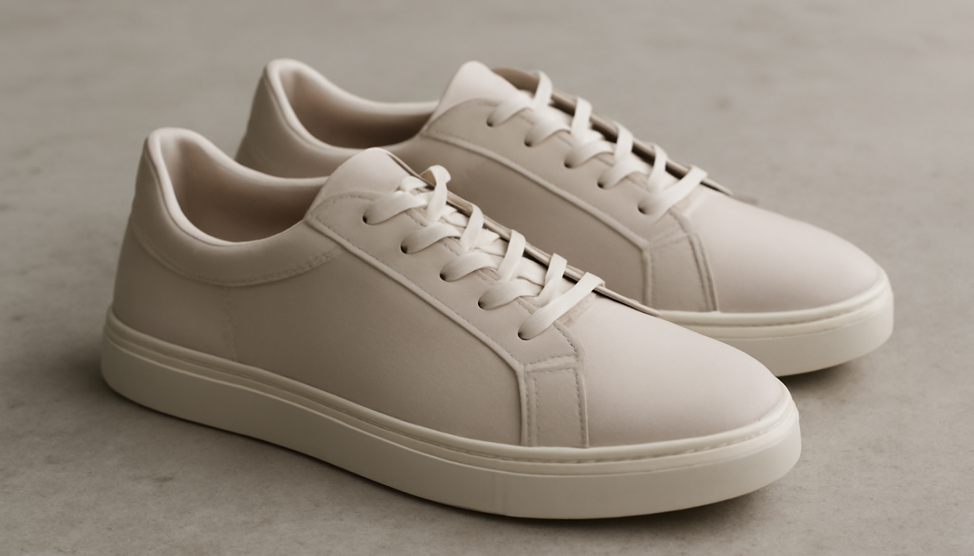 sneakers minimalistes modernes posées sur sol béton