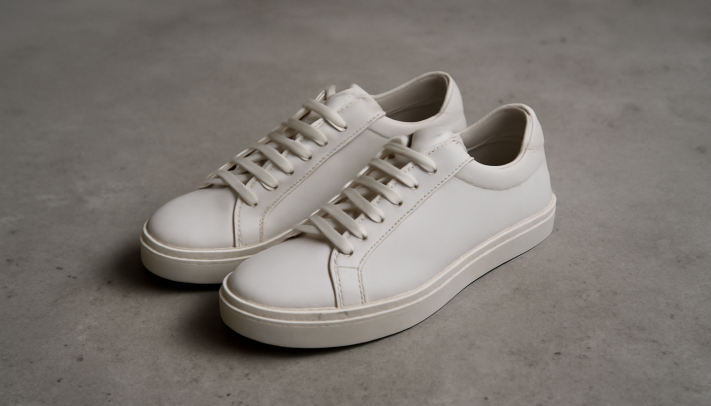 sneakers minimalistes premium posées sur un sol béton brut