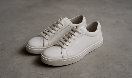 sneakers minimalistes premium posées sur un sol béton brut
