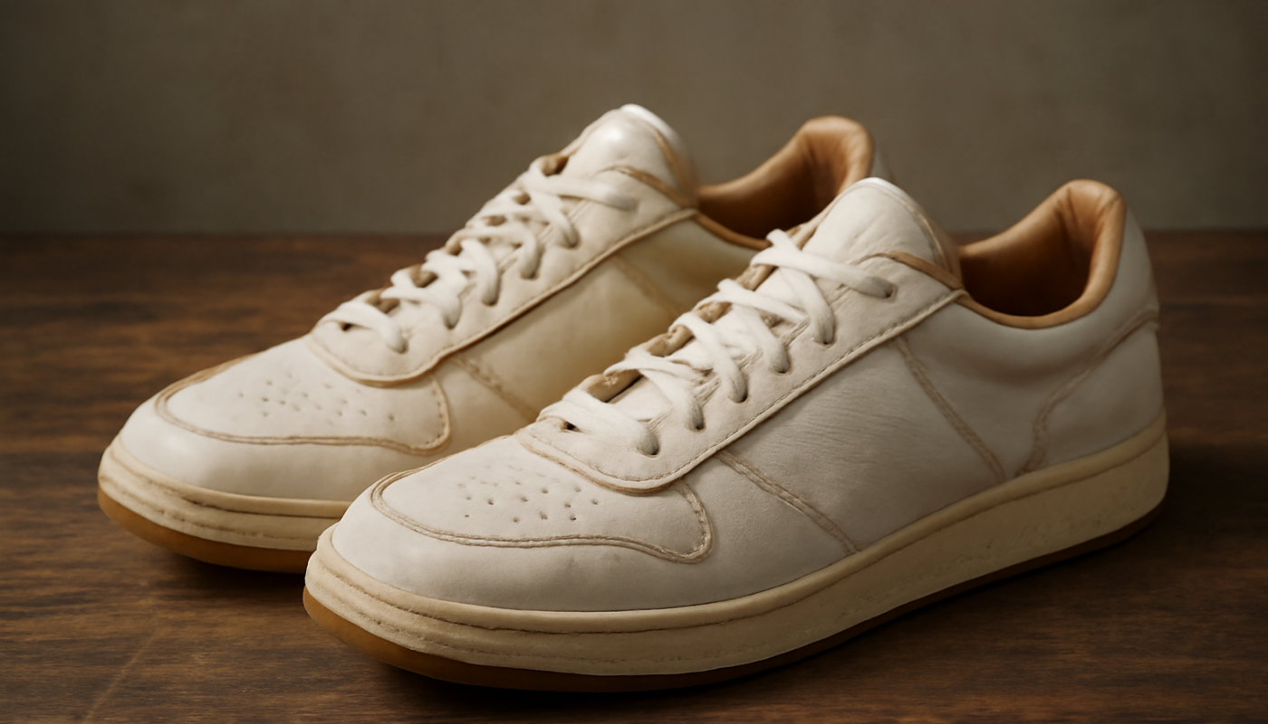 sneakers rétro en cuir posées sur une table