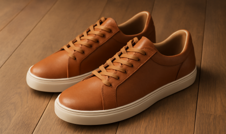 sneakers en cuir premium posées sur sol bois