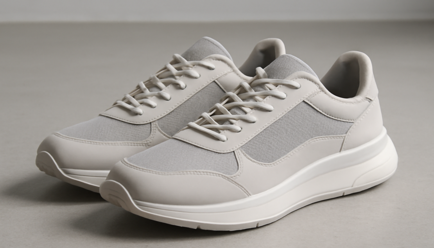 sneakers design moderne posées sur sol minimaliste