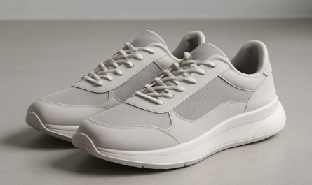 sneakers design moderne posées sur sol minimaliste
