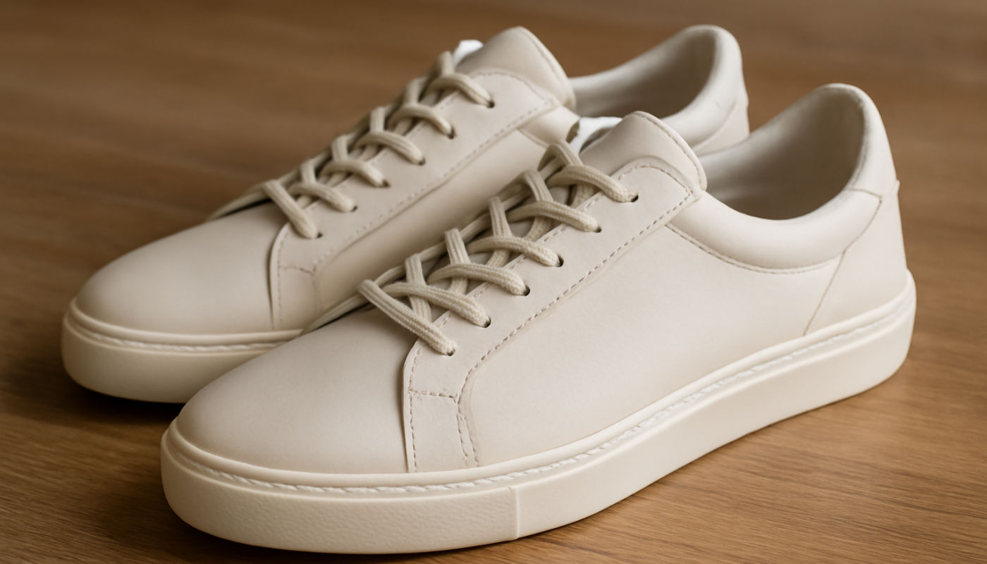 sneakers minimalistes en cuir posées sur table