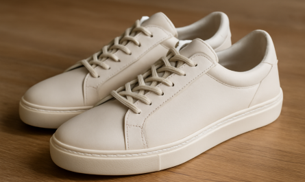 sneakers minimalistes en cuir posées sur table