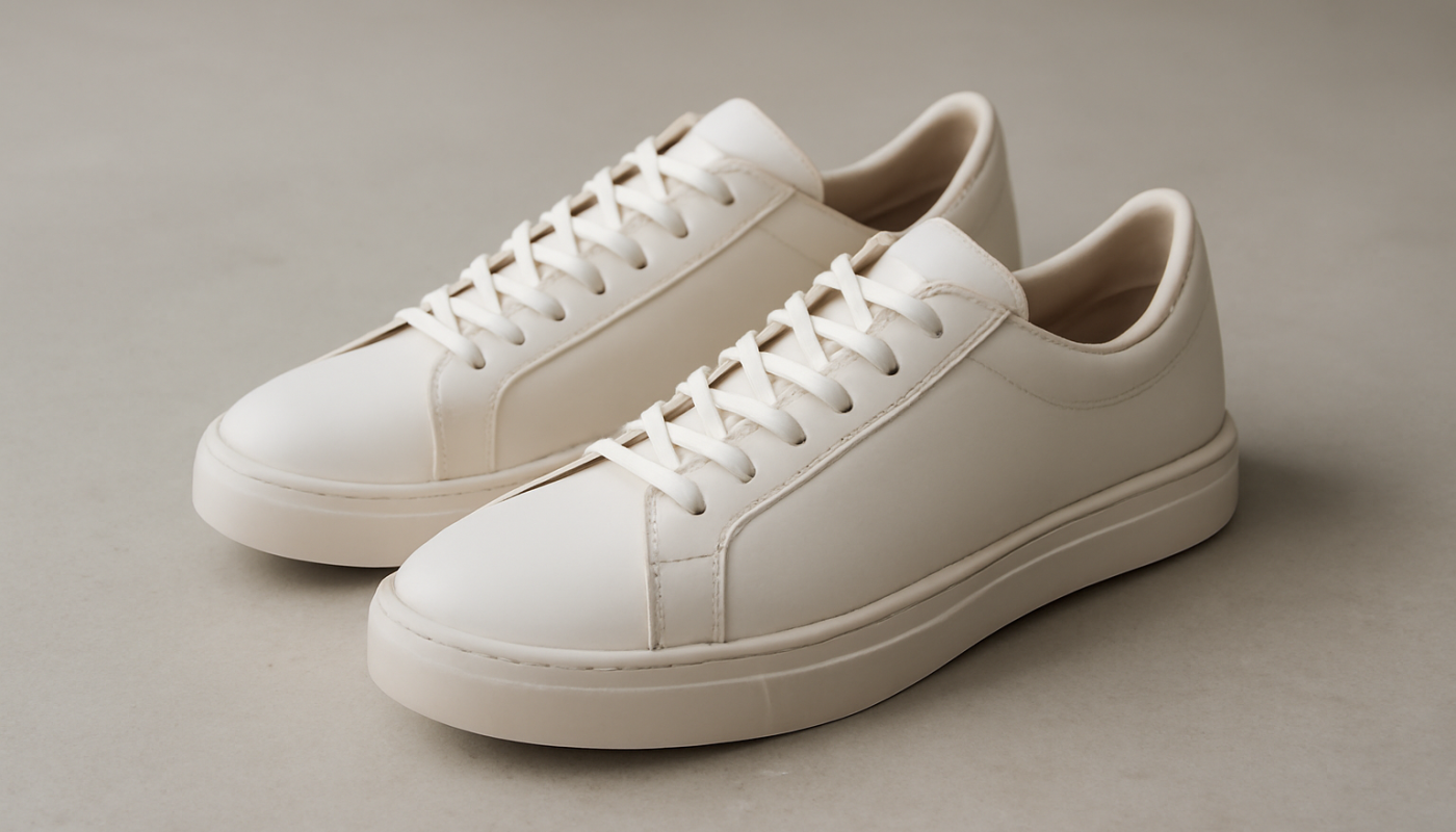 sneakers minimalistes en cuir posées sur sol neutre