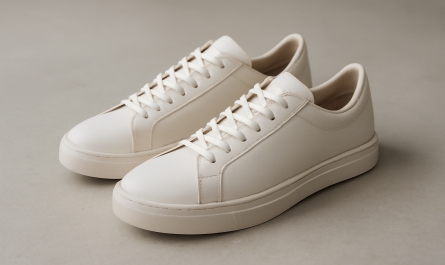 sneakers minimalistes en cuir posées sur sol neutre