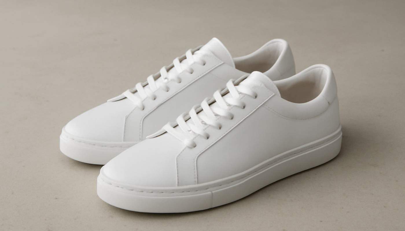 sneakers minimalistes en cuir blanc posées sur sol neutre