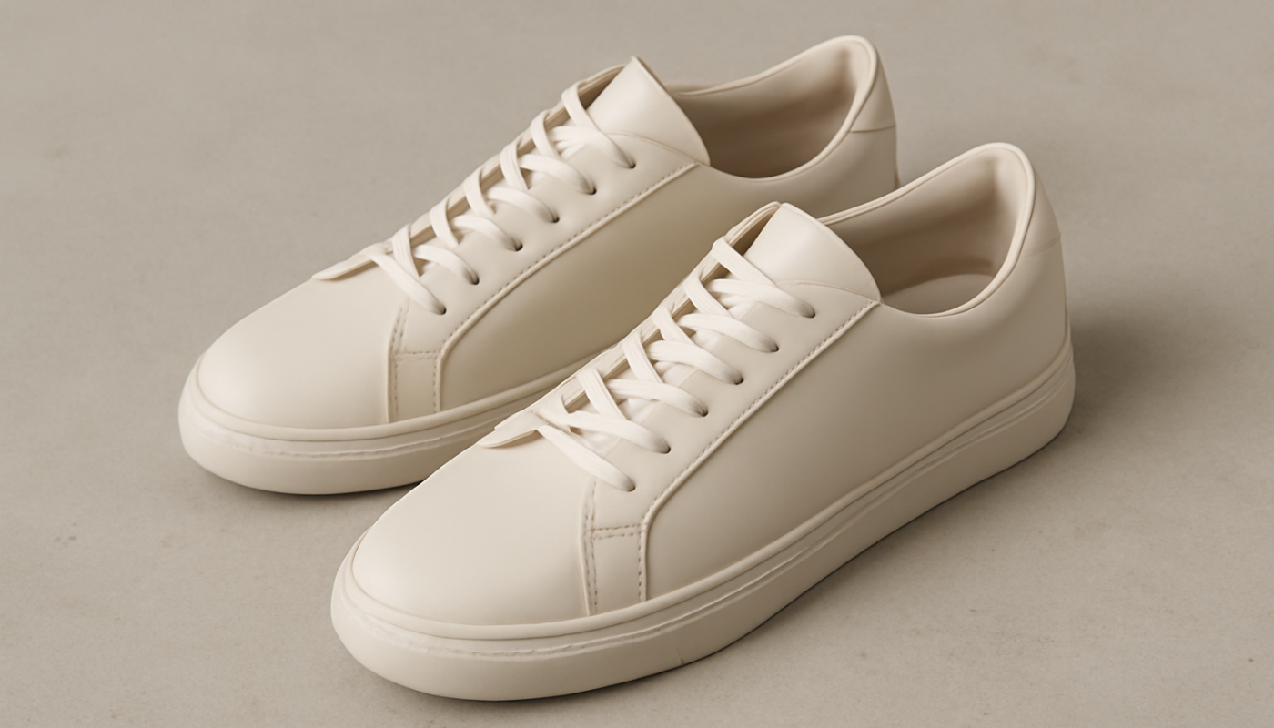 sneakers minimalistes en cuir premium posées sur sol neutre