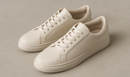 sneakers minimalistes en cuir premium posées sur sol neutre