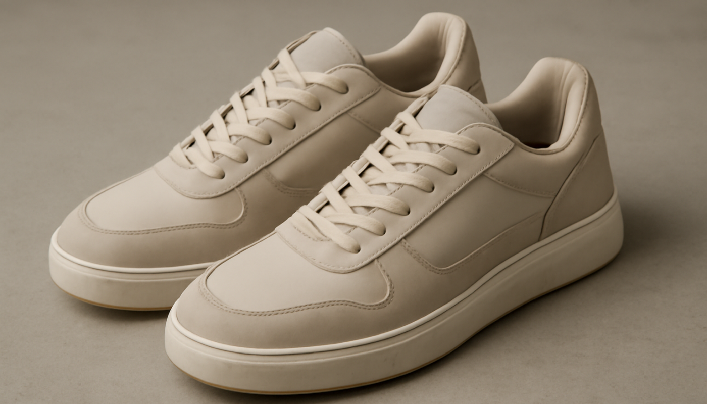sneakers design premium posées sur sol neutre