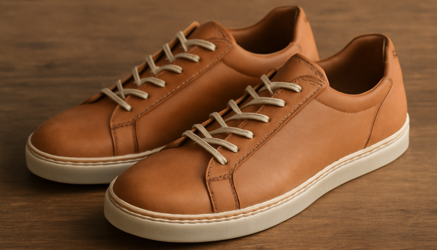 sneakers artisanales en cuir naturel posées sur table