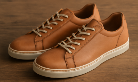 sneakers artisanales en cuir naturel posées sur table