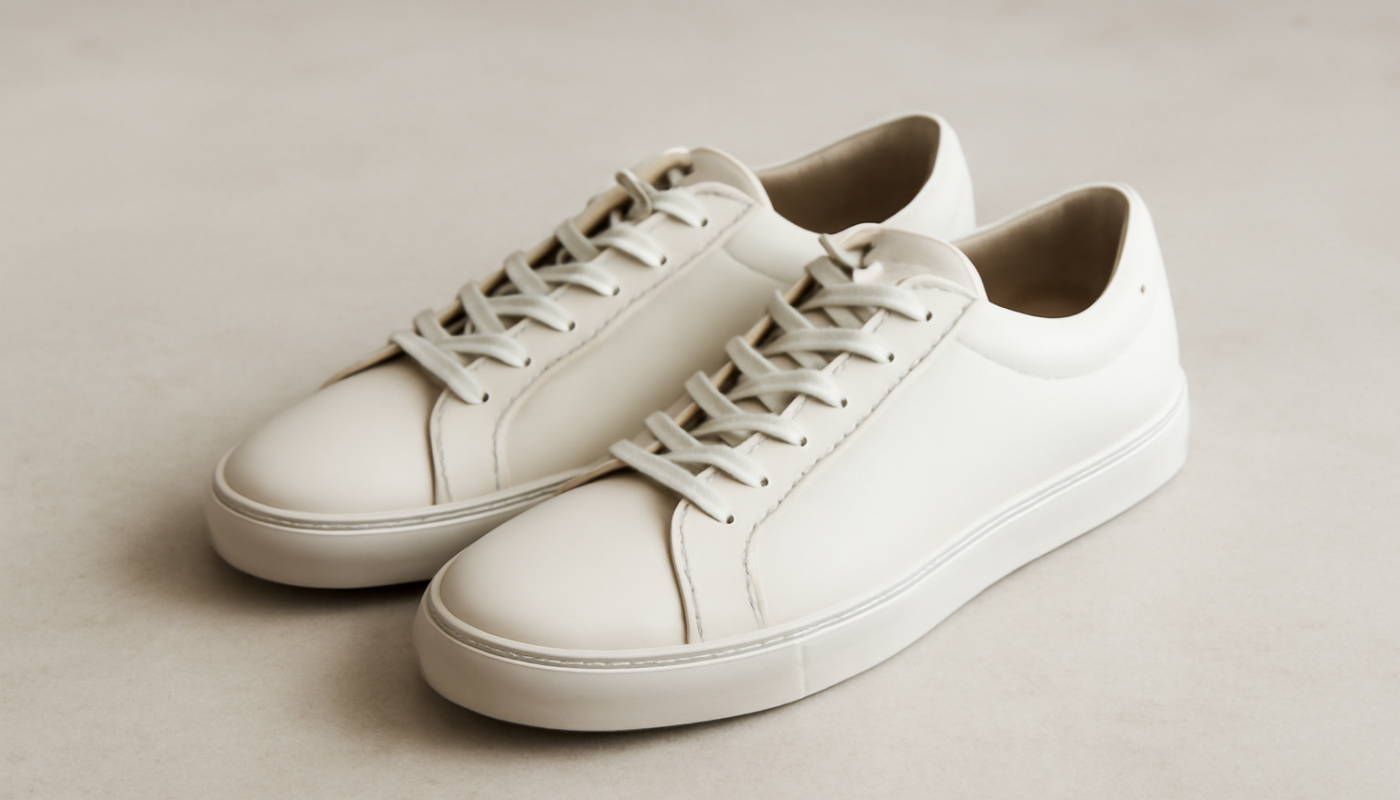 sneakers minimalistes en cuir posées sur sol clair