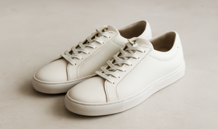 sneakers minimalistes en cuir posées sur sol clair