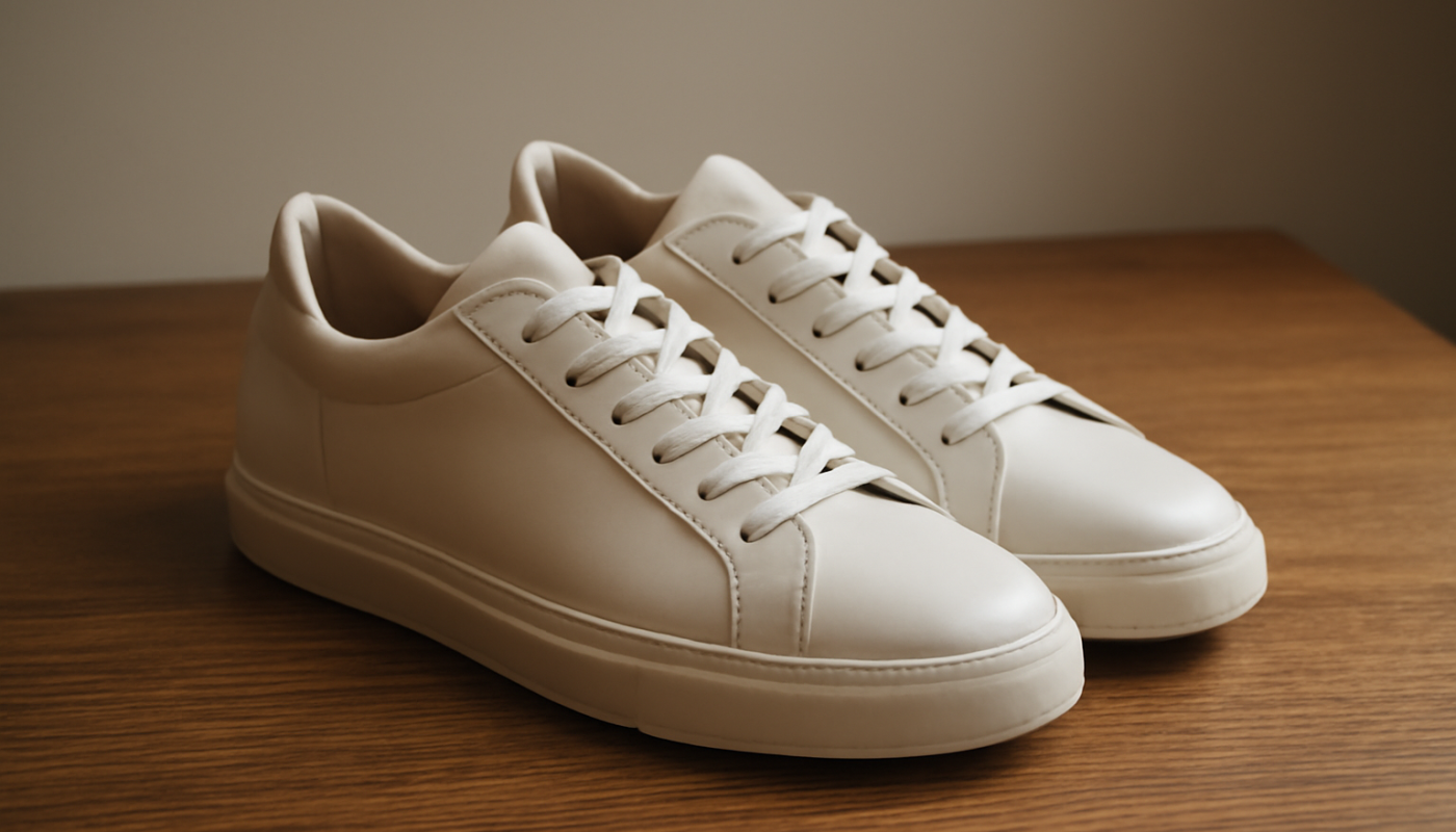 sneakers minimalistes en cuir posées sur une table